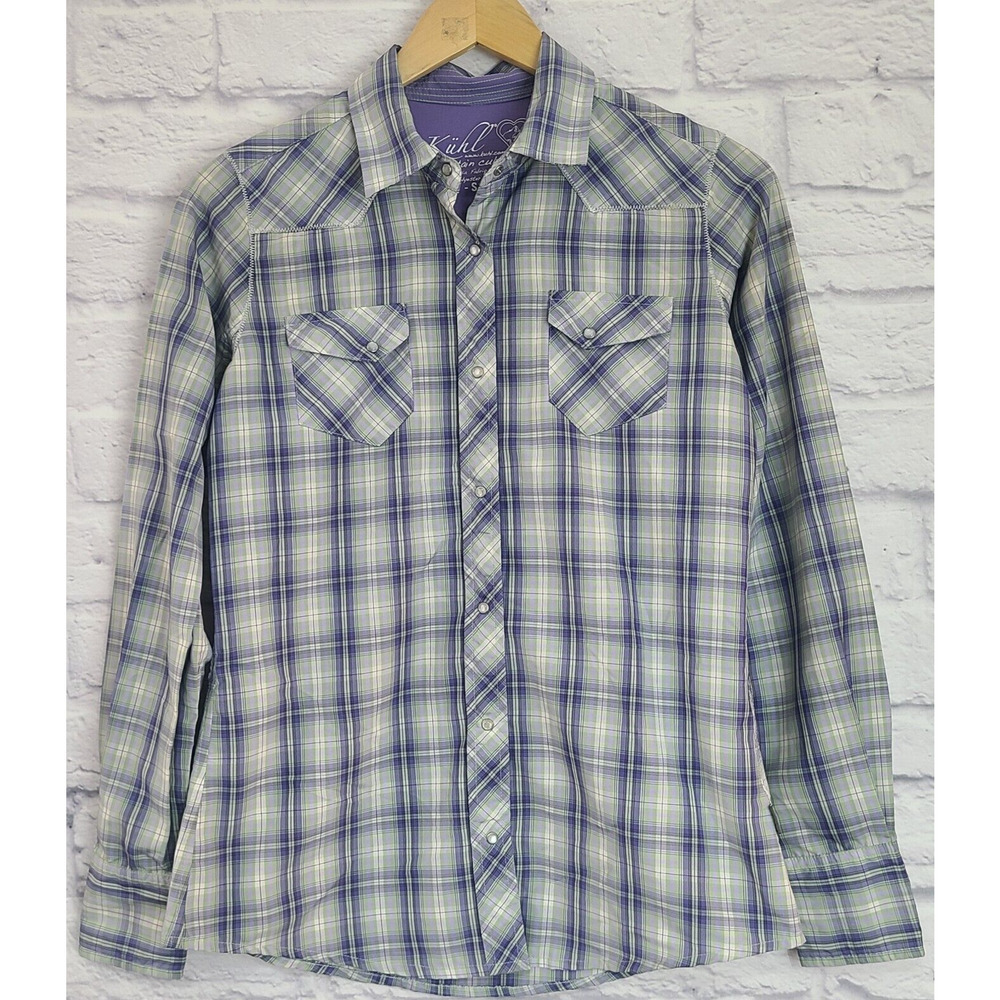 Kuhl Outdoor Pearl Snap Shirt Women's Small Long Sleeve Plaid Purple Gray White